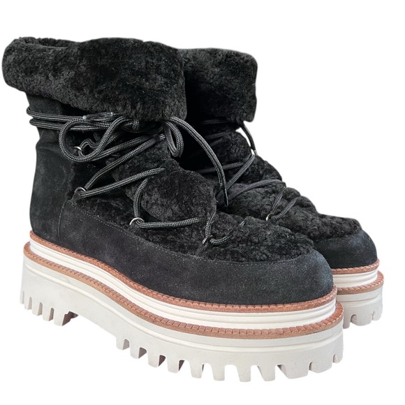 Anthropologie Paloma Barcelo Nazare Black Suede Shearling Platform Boots 40 US 9 - Picture 6 of 12